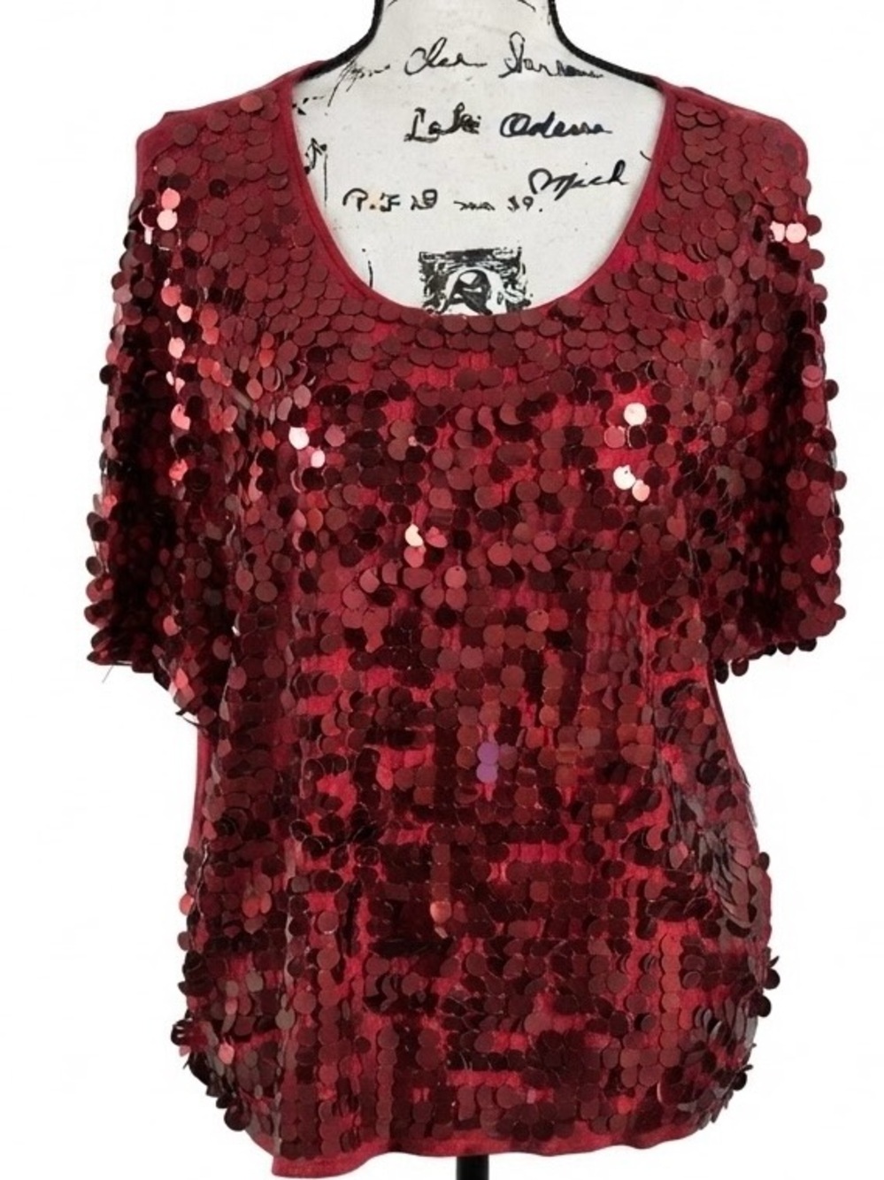 Apt. 9 Red Sequin Short Sleeve Scoop Neck Top size medium